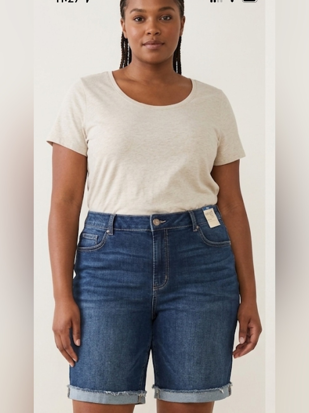 Terra & Sky Denim Roll‑Cuff Bermuda Shorts in Dark Blue